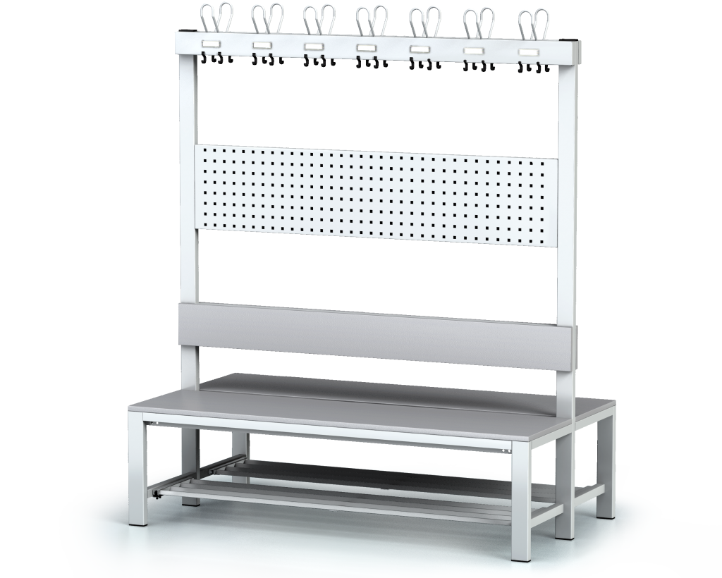Oboustranná lavice s opěradlem a věšáky, lamino deska - se sklopným roštem 1800 x 1500 x 830